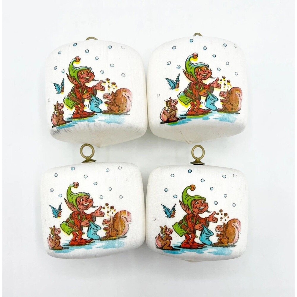 Vintage Pyramid Elf Satin Sheen Christmas Ornaments Barrel Set of 4 2"